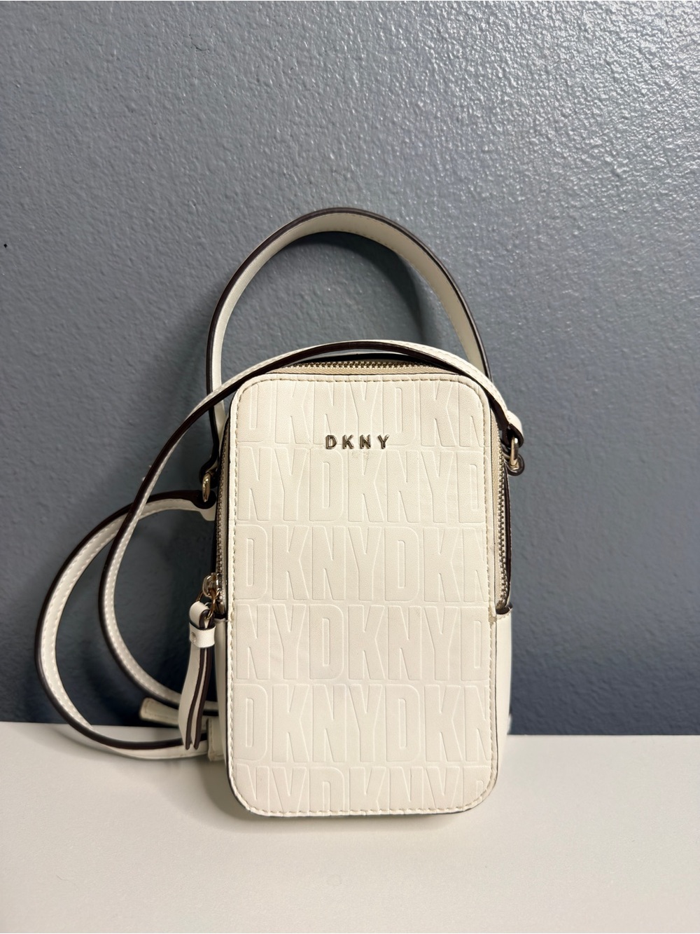 DKNY White Embossed Logo Crossbody Phone Pouch Purse Handbag